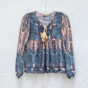 Jaase bohemian peasant top blue pink paisley print boho festival cottage XS